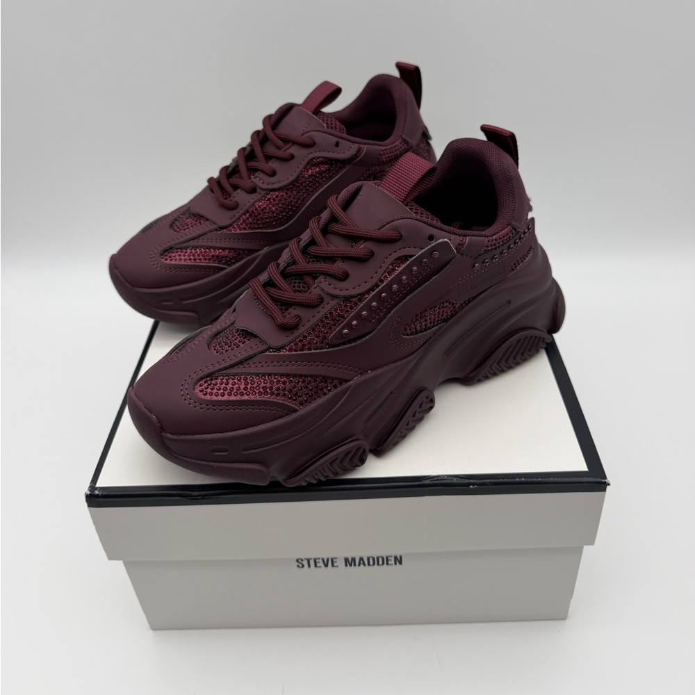 Steve Madden Rhinestone Chunky Sneakers – Burgundy Crystal Embellished Platform - Picture 5 of 7